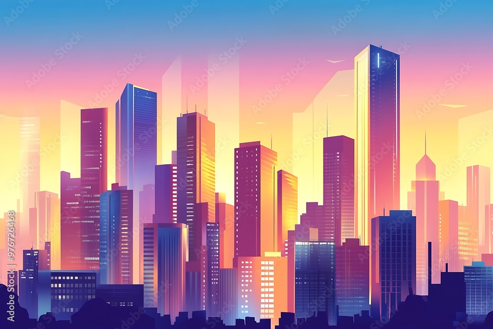 Fototapeta premium Futuristic view of a city with high-rise buildings and modern towers, representing urban progress and advanced architectural development.