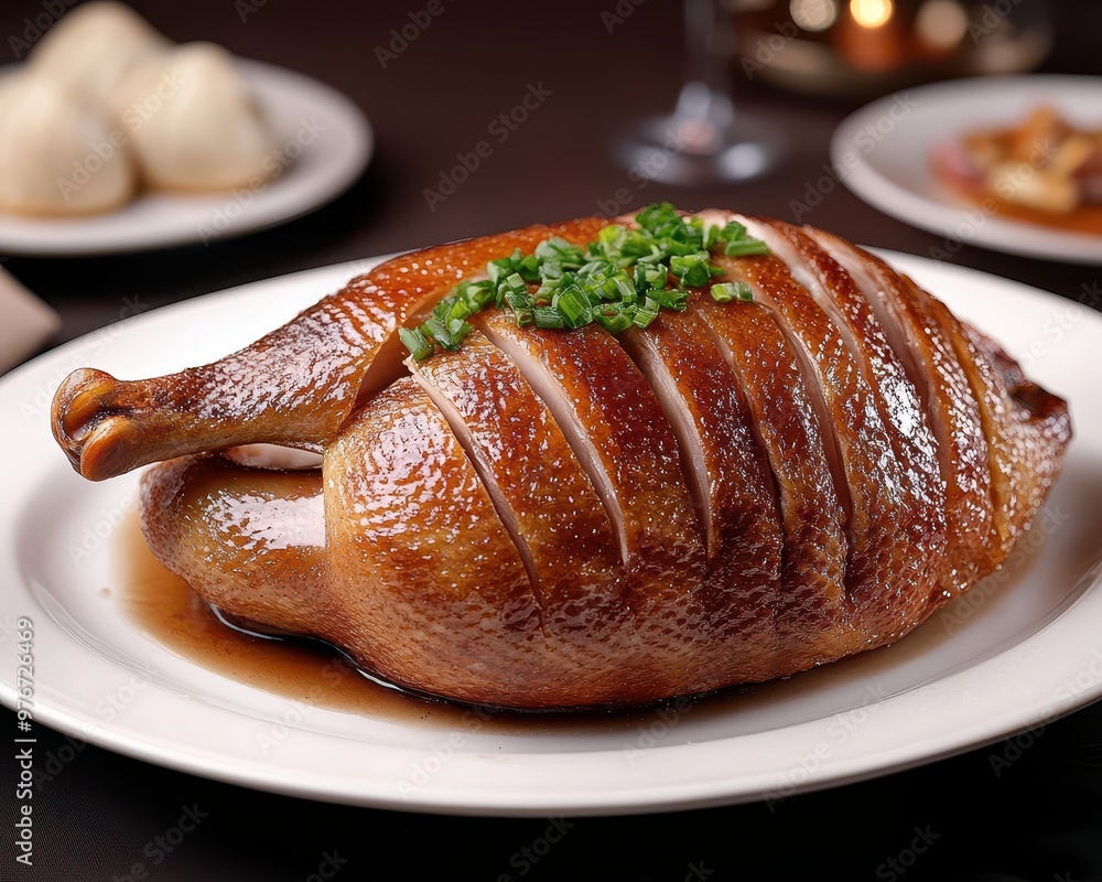 Fototapeta premium Juicy roasted duck garnished with fresh herbs, served on a white plate with rich sauce, perfect for gourmet culinary presentations.