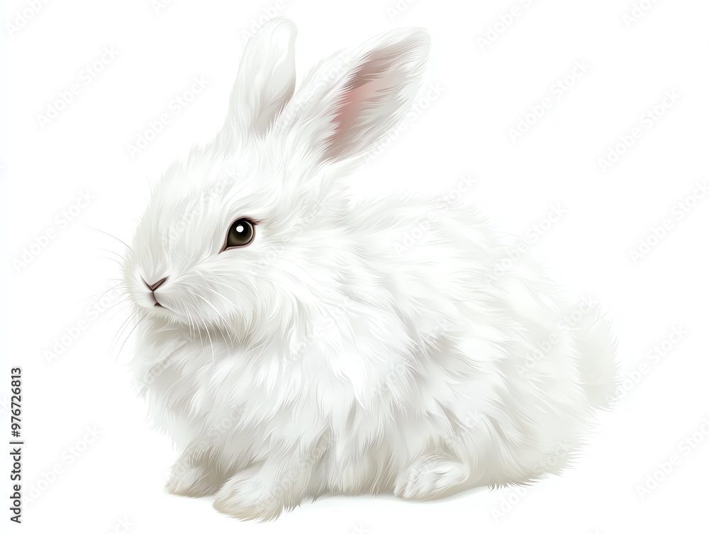 A fluffy white rabbit sitting gracefully, showcasing its soft fur and gentle posture against a clean white background. A fluffy white rabbit sitting gracefully, showcasing its soft fur and gentle posture against a clean white background.