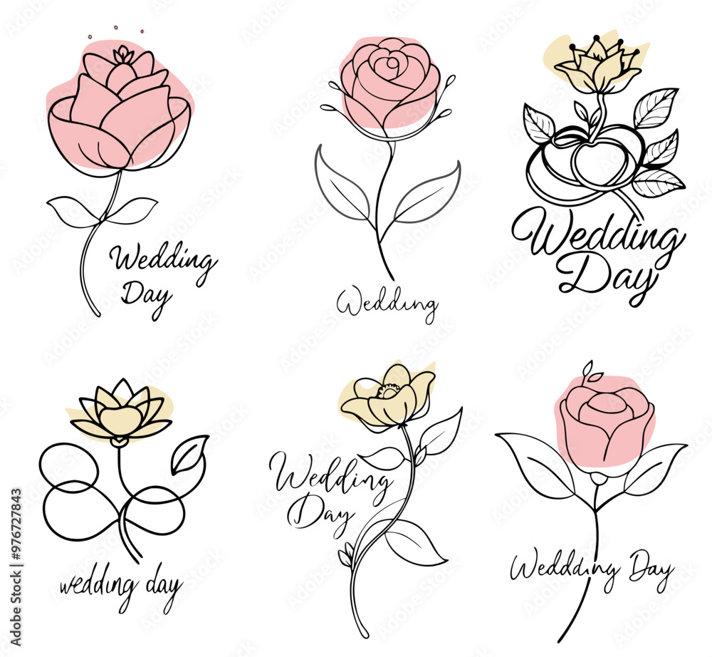 Fototapeta premium set of single flowers, one line, simple linear style
