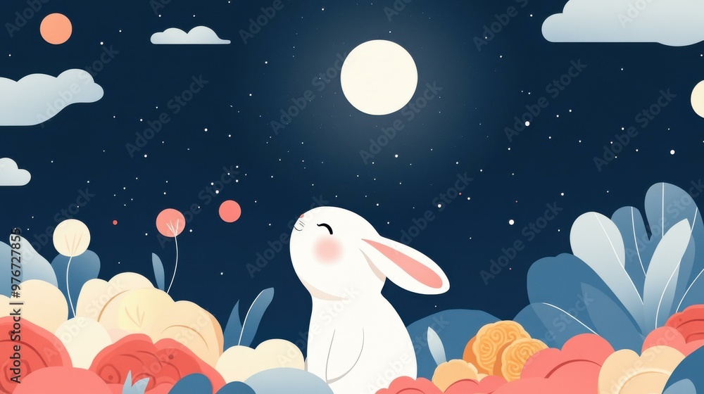 Experience a playful illustration where a rabbit admires the moon surrounded by delightful mooncakes, perfect for the festival Experience a playful illustration where a rabbit admires the moon surrounded by delightful mooncakes, perfect for the festival
