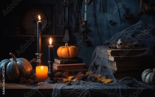 Halloween Still Life with Candles  Pumpkins  Spiders  and Cobwebs