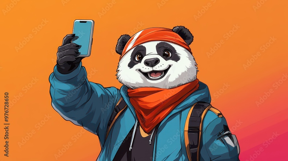 A trendy panda takes a selfie in a vivid, cartoon world, sporting a chic red bandana and a blue jacket. A trendy panda takes a selfie in a vivid, cartoon world, sporting a chic red bandana and a blue jacket.