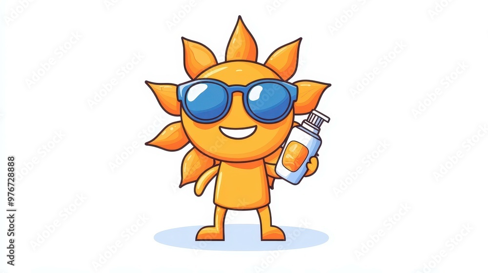 A cute sun character in shades joyfully holds sunblock, brightening up the white backdrop with its cheerful vibe A cute sun character in shades joyfully holds sunblock, brightening up the white backdrop with its cheerful vibe