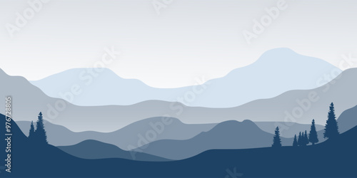 Mountain panorama vector illustration. Serene landscape with layered mountain silhouettes, pine trees, and a reflective lake..