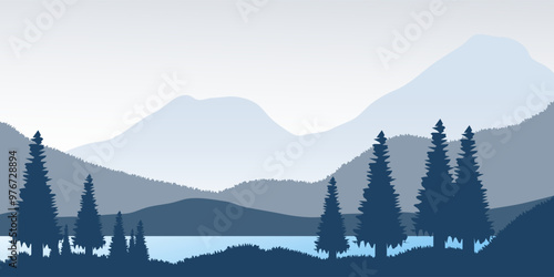 Mountain panorama vector illustration. Serene landscape with layered mountain silhouettes, pine trees, and a reflective lake..