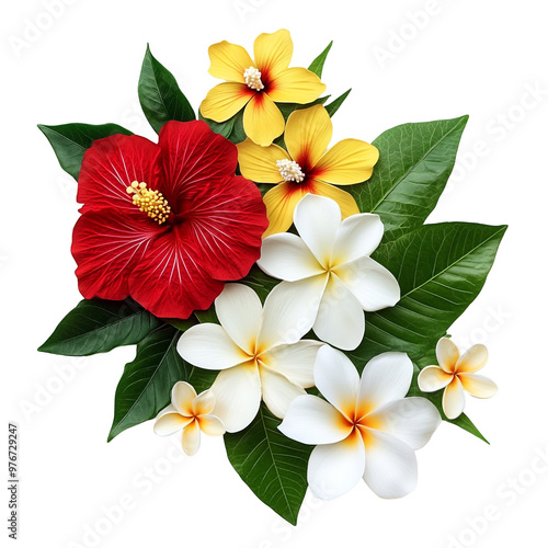 Stylish Hawaiian flower arrangement with red and yellow hibiscus