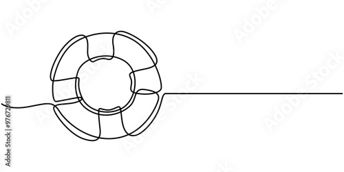 continuous One  line drawing of lifebuoy, Single continuous line drawing lifebuoys, rescue belts, inflatable rubber ring with rope for help and safety of life drowning. Rescue ring for quick help. One