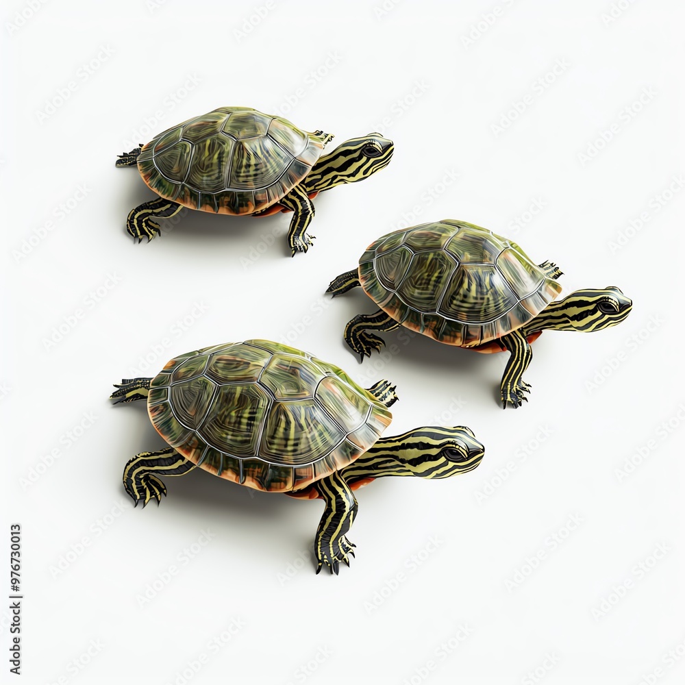 Three realistic turtles showcasing their vibrant shells and distinct features against a clean backdrop. Three realistic turtles showcasing their vibrant shells and distinct features against a clean backdrop.