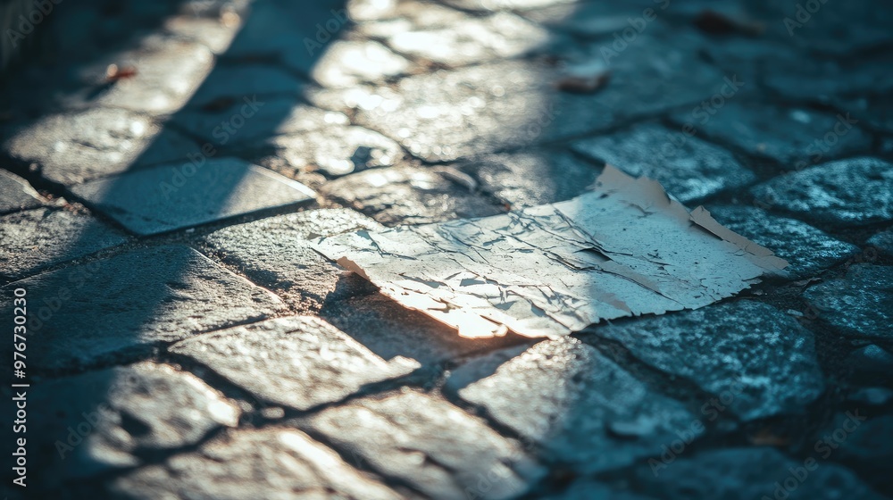 Naklejka premium Close-up of a paper sign with torn edges on a stone pavement, with light and shadows creating a textured effect.