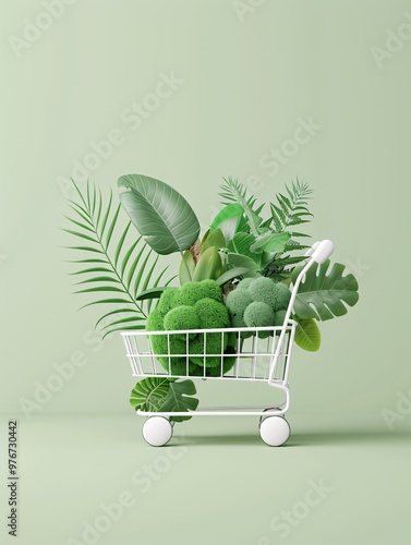 Sustainable shopping, eco-friendly retail practices, 3D illustration, green marketing concept, copy space, photo