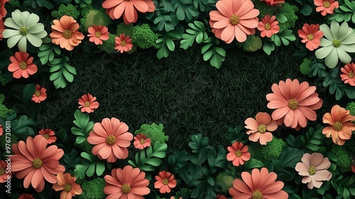 Vertical meadow wall with colorful flowers and moss, creating a lush nature display, 3D illustration