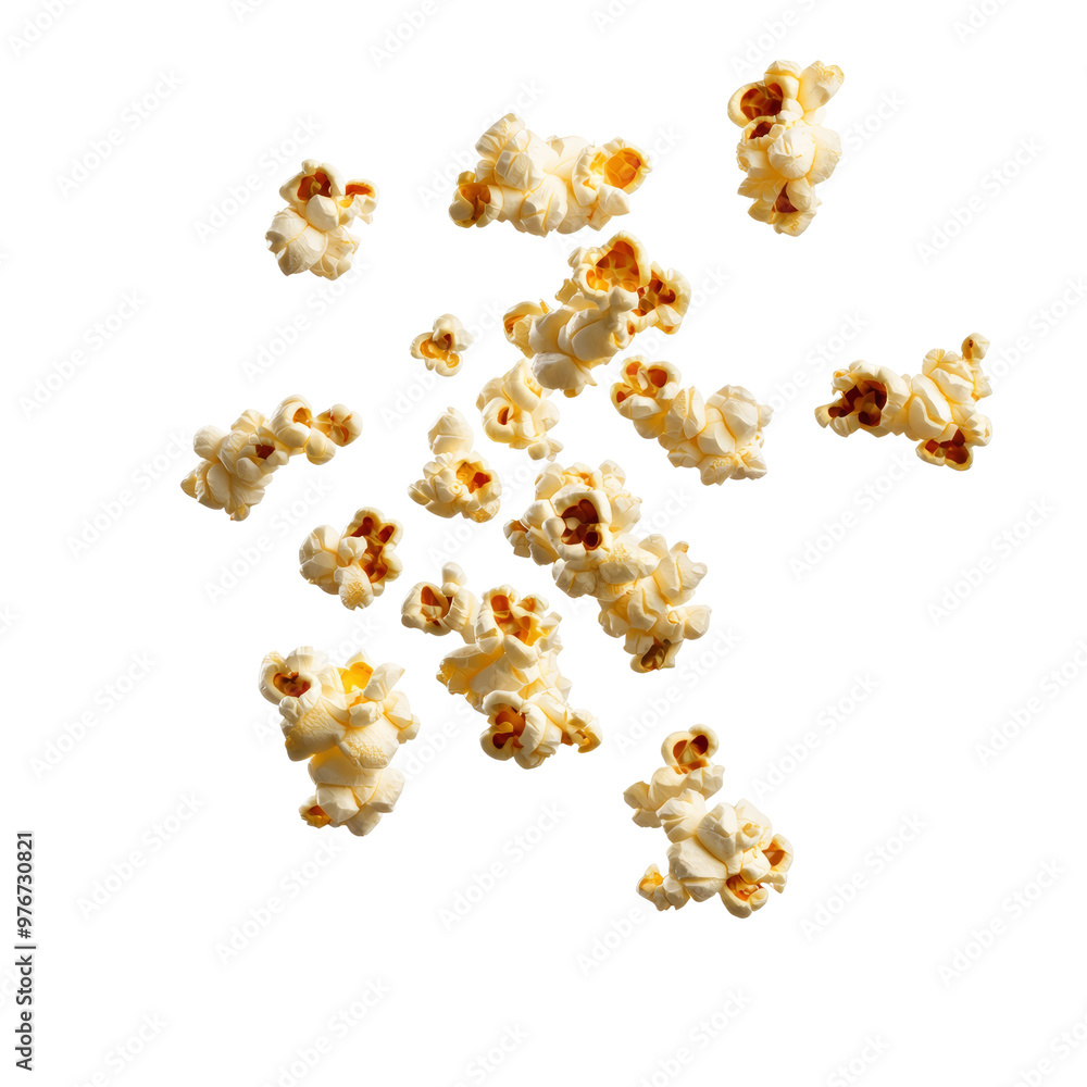 Scattered popcorn pieces on a black background for snacks and movies Scattered popcorn pieces on a black background for snacks and movies