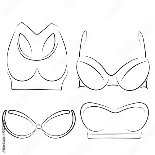 set of women's underwear logos, namely a variety of tops and bras with silicone cups and push-up cups, vector