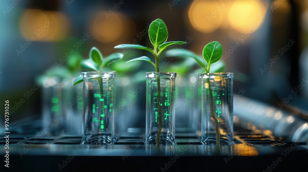 Close-up of a plant seedling in a test tube, with sensors monitoring its growth, photorealistic Close-up of a plant seedling in a test tube, with sensors monitoring its growth, photorealistic