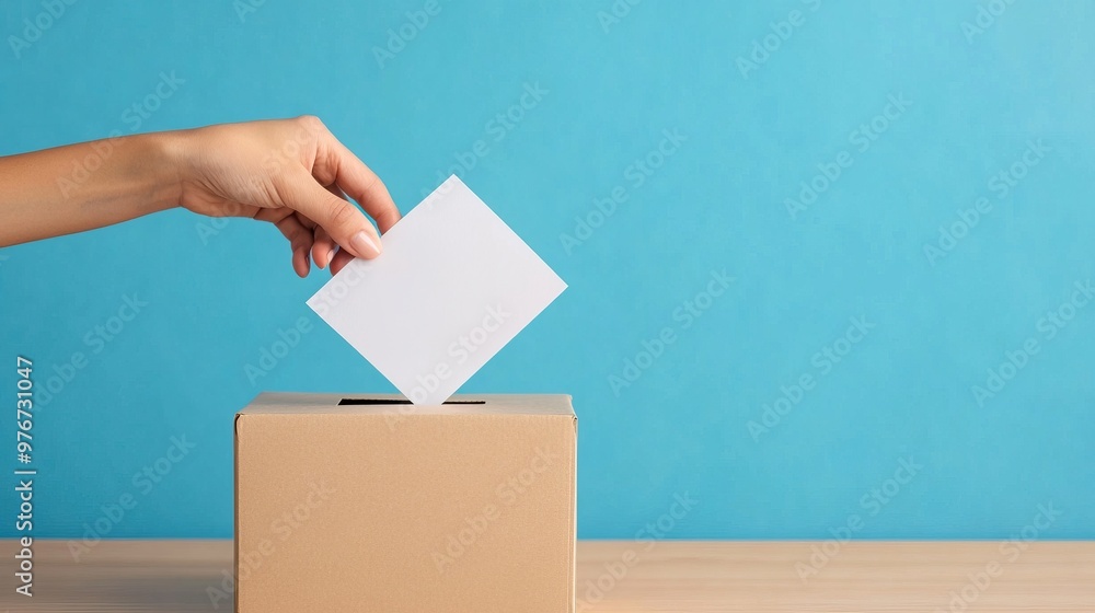 A hand dropping a ballot into a box, representing voting and civic engagement in a colorful setting. A hand dropping a ballot into a box, representing voting and civic engagement in a colorful setting.
