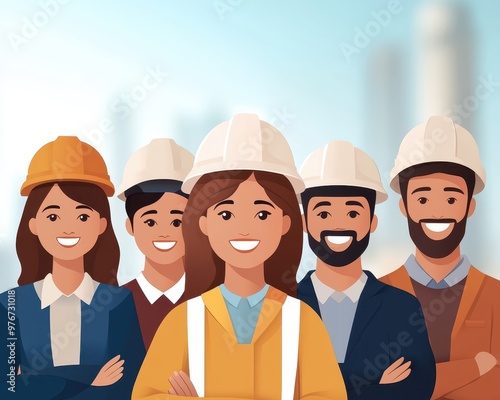 Team of engineers and architects in safety helmets smiling confidently at a construction site, showcasing teamwork and professionalism. photo