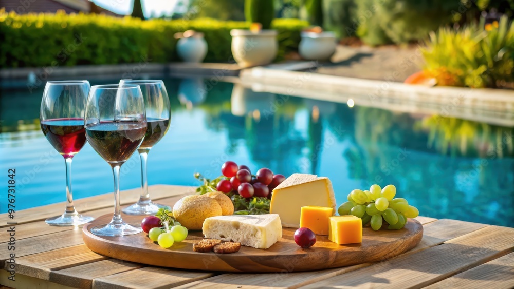 Obraz premium Red Wine and Cheese by the Pool