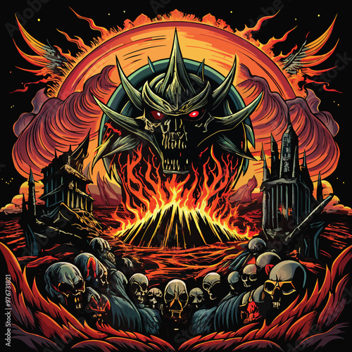 a death metal  featuring an infernal battlefield, where celestial forces clash in a cataclysmic war.