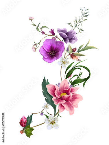 watercolor painting of leaves and flower, on transparent background