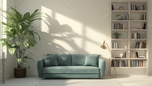 A modern living room with a teal sofa, a bookshelf, and a large plant casting long shadows on the wall. photo