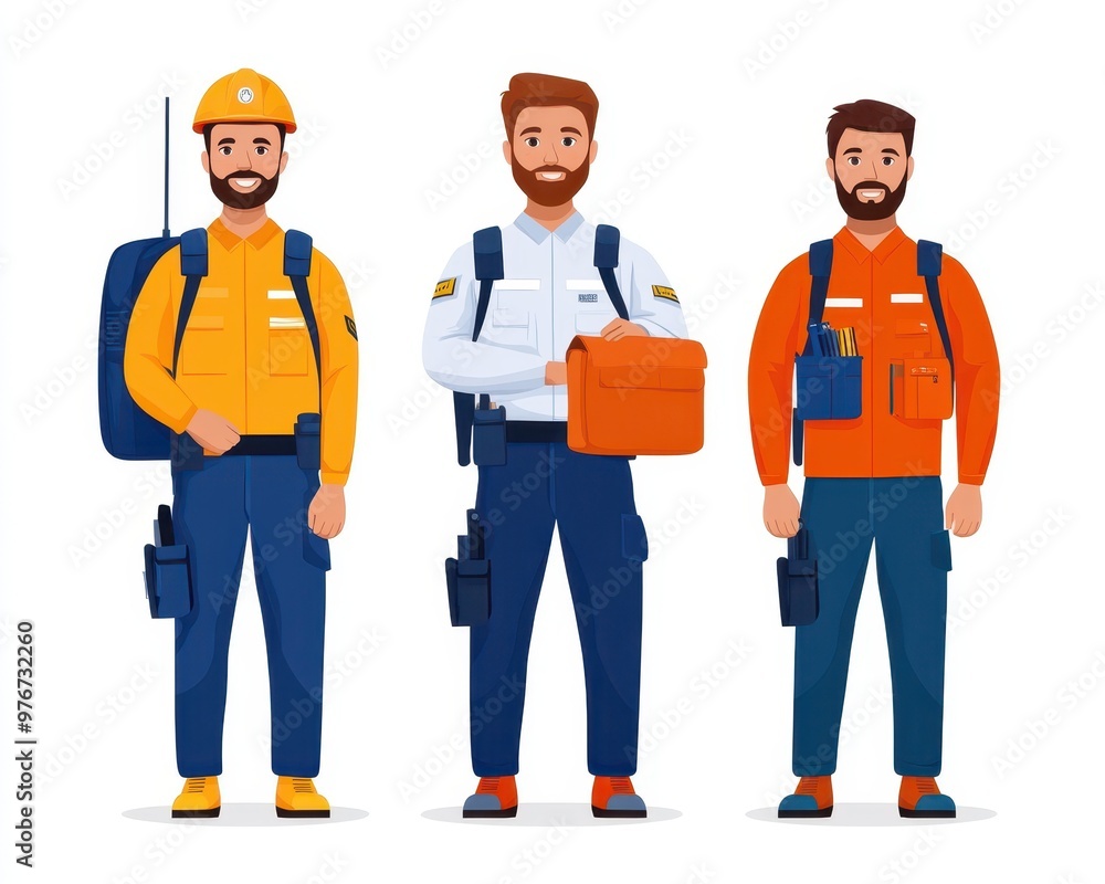 Three professional men in uniforms representing different trades, showcasing teamwork and diverse skill sets in an illustration. Three professional men in uniforms representing different trades, showcasing teamwork and diverse skill sets in an illustration.
