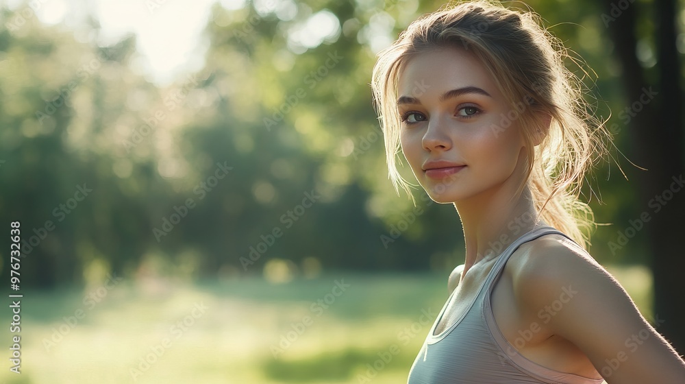 Side profile of smiling Caucasian woman with blonde hair in grey tank top outdoors with sunlit trees in background Side profile of smiling Caucasian woman with blonde hair in grey tank top outdoors with sunlit trees in background