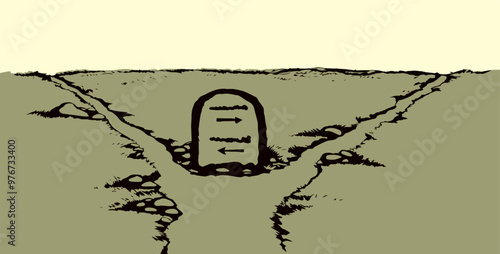 Vector drawing. Stone with an inscription on the crossroads