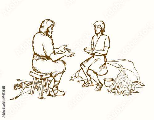 Vector drawing. Jacob gives soup to Esau