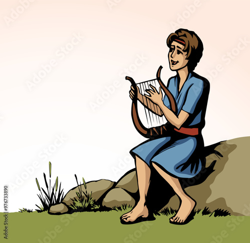 Vector drawing. Guy playing the harp