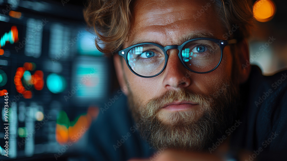 Close-up of Young Bearded Trader in Eyeglasses Investing - Business Concept Close-up of Young Bearded Trader in Eyeglasses Investing - Business Concept