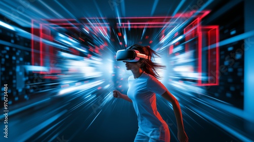 Woman experiencing virtual reality game in a neon-lit immersive environment wearing VR headset and moving energetically.