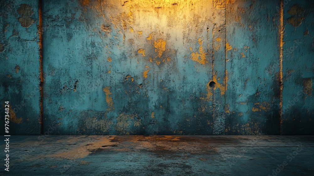 Weathered wall with gritty textures and peeling paint, dark industrial vibe, rust and gray palette, illuminated by moody blue neon, dystopian urban setting, high contrast
