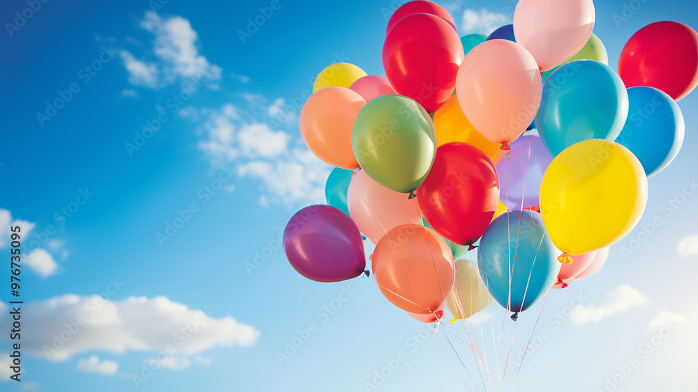 Colorful balloons float against a bright blue sky with scattered clouds. Colorful balloons float against a bright blue sky with scattered clouds.
