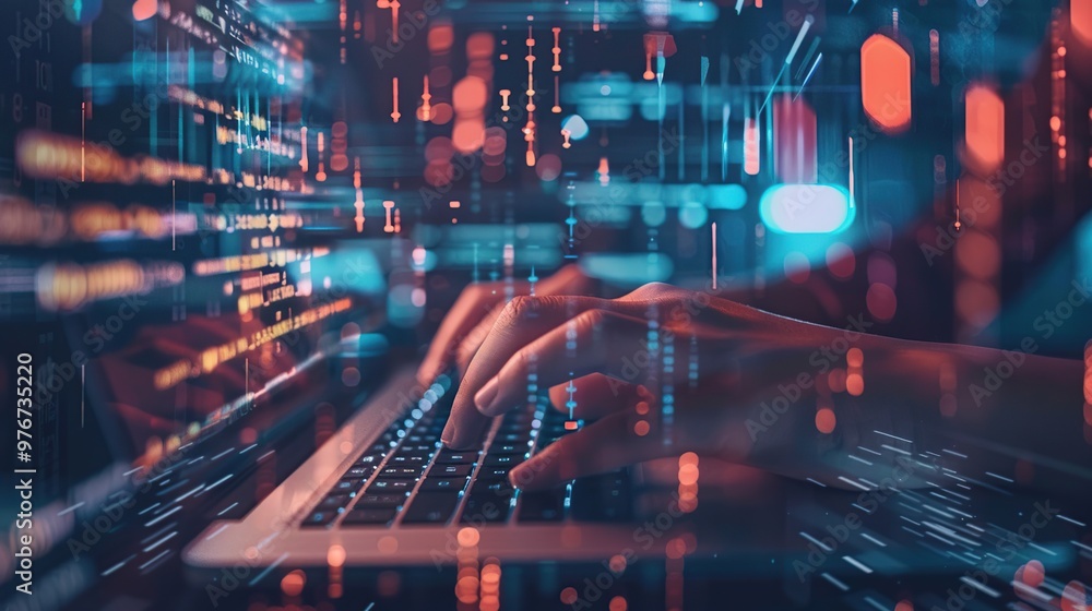 Close up of hacker hands typing on laptop keyboard with binary code on background Close up of hacker hands typing on laptop keyboard with binary code on background