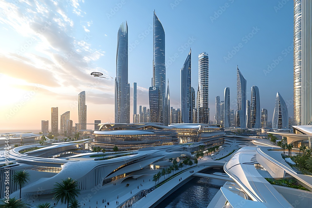 Fototapeta premium Futuristic urban growth with high-rise buildings in Saudi Arabia, reflecting Vision 2030's smart cities, architectural innovation, and development.