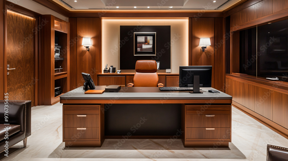 An executive office suite with a large desk, leather chair, and a modern design. An executive office suite with a large desk, leather chair, and a modern design.