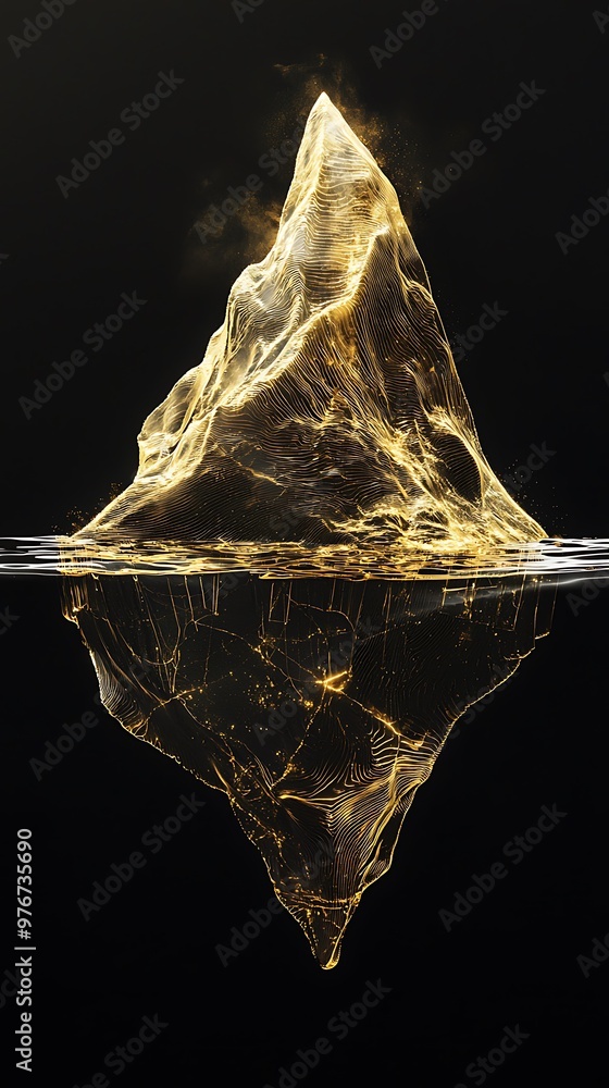 Obraz premium A golden iceberg with a glowing tip emerges from the water against a black background.