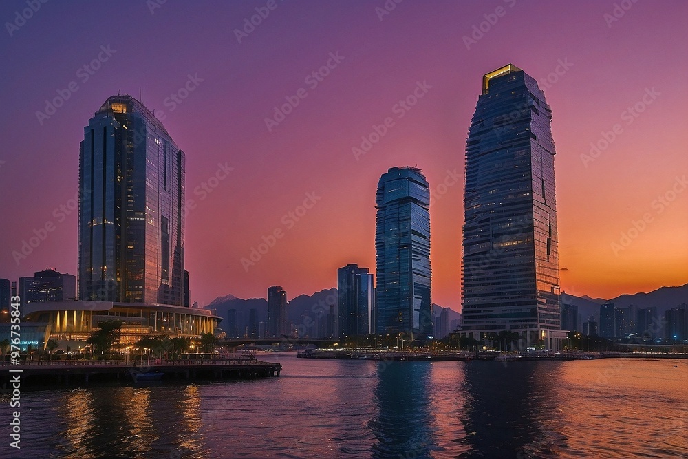 Fototapeta premium Futuristic Sunset City with Neon Lights Background