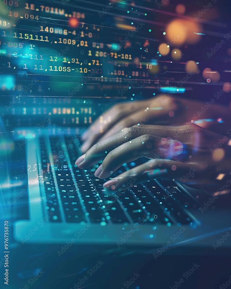 Close up of hacker hands typing on laptop keyboard with binary code on background Close up of hacker hands typing on laptop keyboard with binary code on background