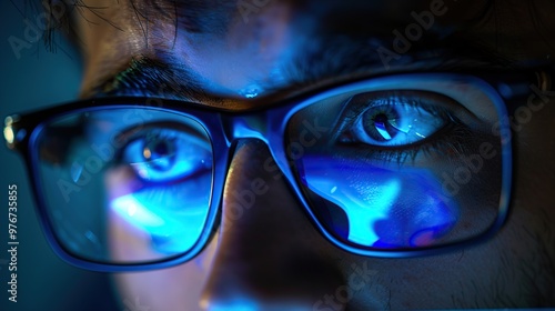 Close-up portrait of a man with glasses working late in office. Eyes strain under blue light.