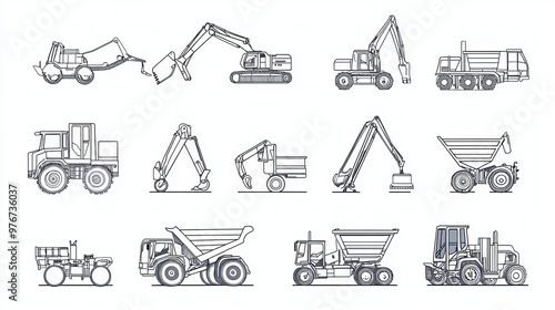 A collection of 30 simple line drawings of construction equipment, featuring a range of machinery and tools. These minimalist illustrations allow for easy adjustments to line thickness, making them ve