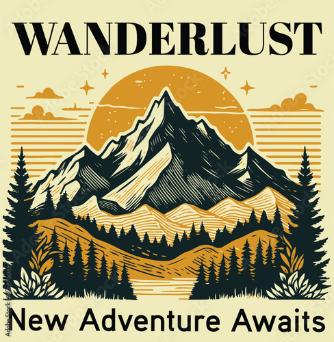 Wanderlust Yellows new adventure awaits, Adventure outdoors mountain graphic, sunset mountain art, hand drawn mountain illustration art, vintage retro hill artwork, autumn winter retro t-shirt design 