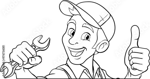 A handyman, mechanic, plumber or other construction cartoon mascot man holding a wrench or spanner tool.