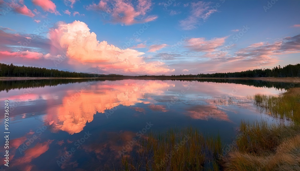 Combine a calm lake at sunset with soft pastel colors, cotton candy clouds, and a mirror-like reflection on the water to create a visually appealing sight. Combine a calm lake at sunset with soft pastel colors, cotton candy clouds, and a mirror-like reflection on the water to create a visually appealing sight.