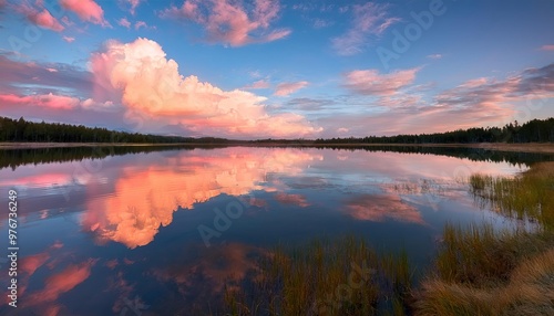 Combine a calm lake at sunset with soft pastel colors, cotton candy clouds, and a mirror-like reflection on the water to create a visually appealing sight.