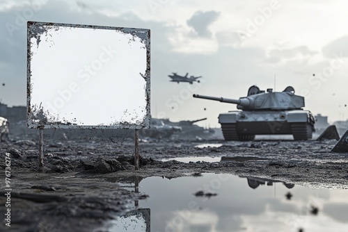 A white sign is on the ground next to a tank photo