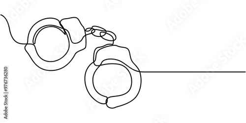 Handcuffs in one continuous line drawing. Symbol of police justice and jail prison concept in simple linear style. True crime web banner with editable stroke. Doodle vector illustration, Handcuffs one