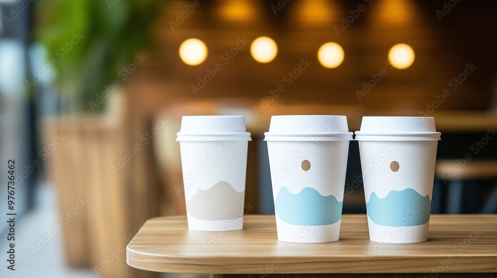 Coffee Break Trio: Three takeaway coffee cups with minimalist mountain designs, perched on a table in a cozy cafe, invite a moment of warmth and connection. Coffee Break Trio: Three takeaway coffee cups with minimalist mountain designs, perched on a table in a cozy cafe, invite a moment of warmth and connection.