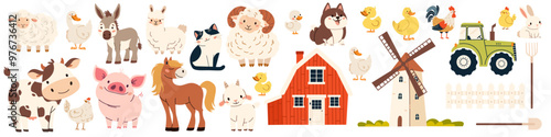 A collection of farm pets and buildings. Mill farm farm tractor fork shovel shovel fence. Cow pig lamb sheep sheep horse dog dog cat goose goose duck hen rooster goat. Vector illustration